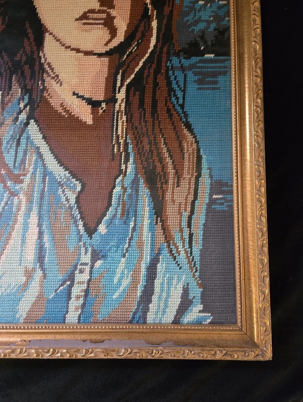 Vintage Needlepoint Portrait Framed Art Romantic Estate Scene - Picture 2 of 7